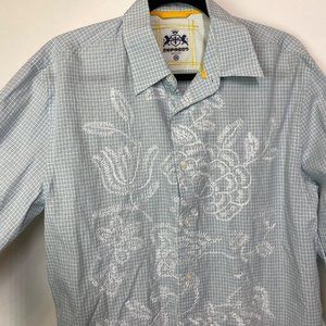 EXPRESS embroidery Men's button up casual dress cotton blue white shirt plaid M